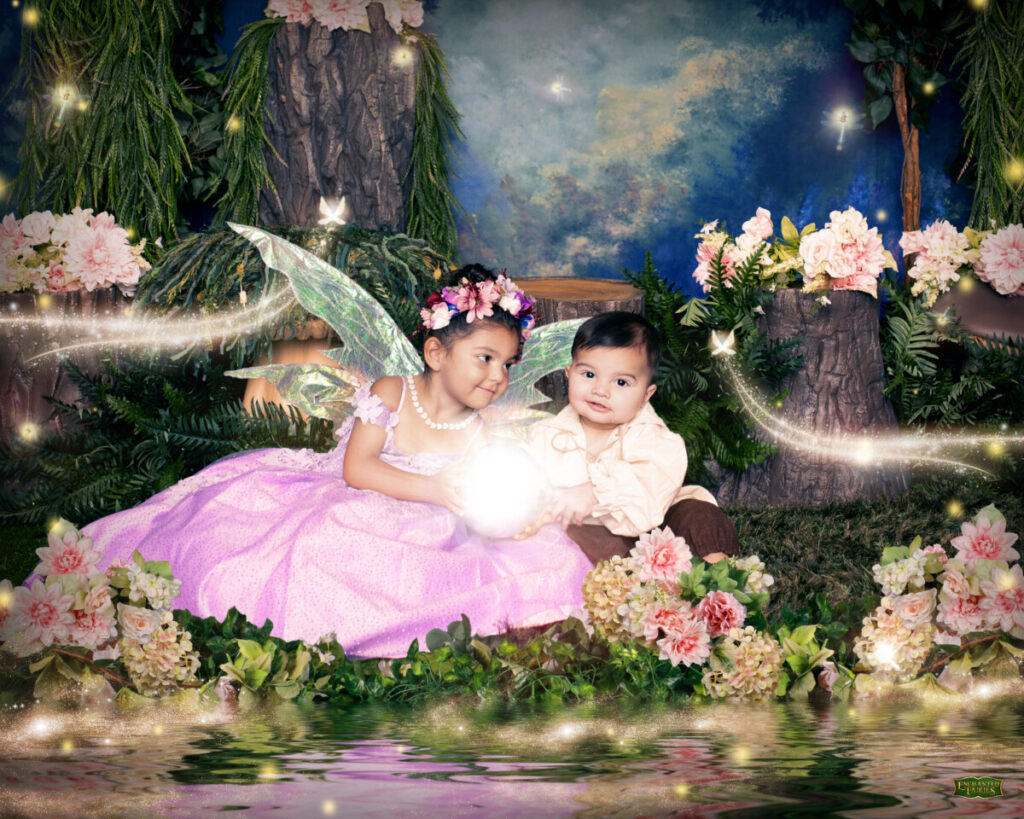 young siblings photoshoot with enchanted fairies