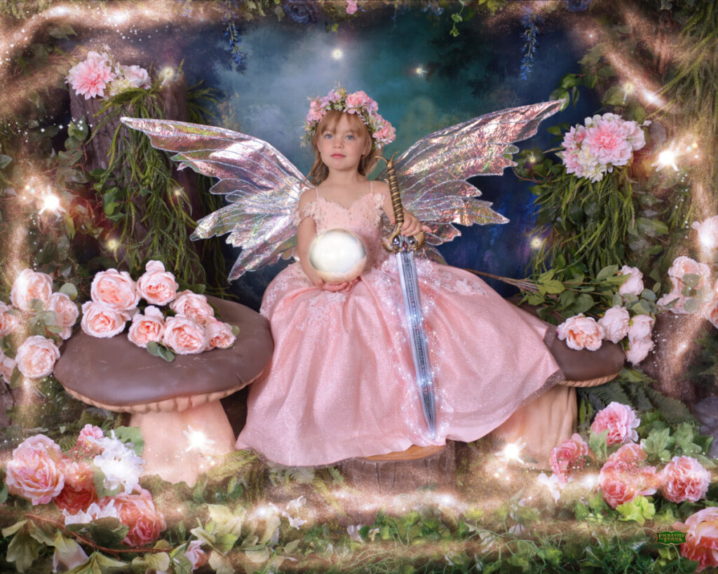 young blonde child with fairy globe and sword