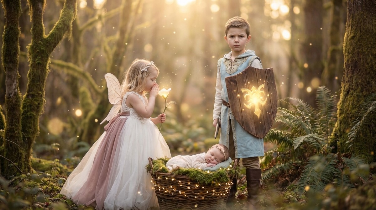 Child holding authentic sword and shield during confidence-building fantasy portrait session