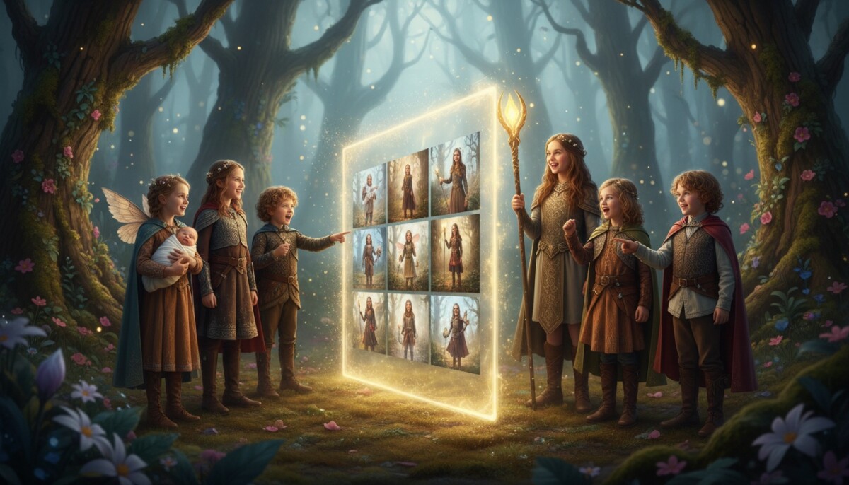 Parent and child viewing finished fantasy portraits during ordering appointment